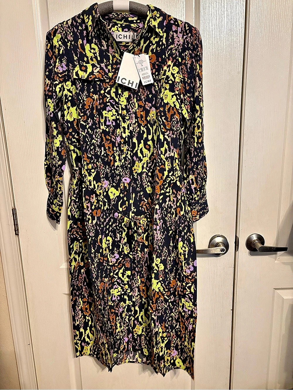 ICHI Ihazino Dress Abstract Midi Dress Black & Yellow size 34